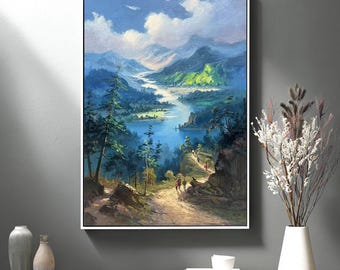 Classical Landscape Painting: Blue Trees, Snow-Capped Mountain Canvas Art