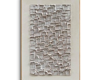 Textured Geometric Abstract Oil Painting, White Brown Earth Tones Neutral Wall Art, Impasto 3D Relief Canvas,Modern Minimalist Home Decor