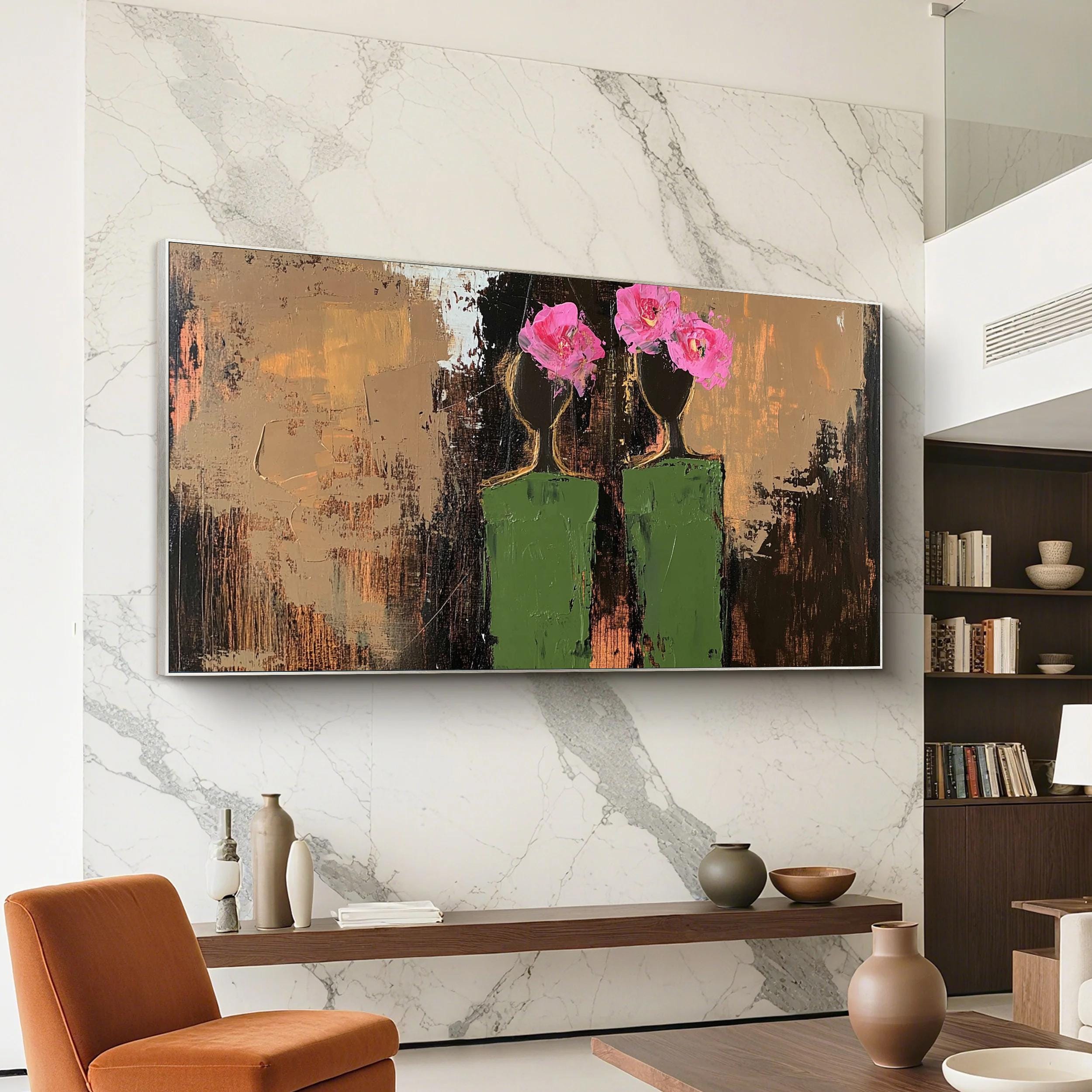 Lagre Abstract Woman Figure Oil Painting: Brown & Green Textured Canvas ...