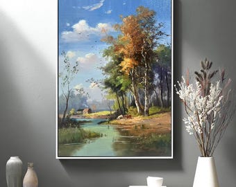Classical Landscape Painting: Green Trees Abstract Art on Canvas