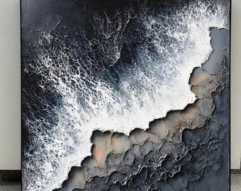 Textured Ocean Painting On Canvas: Large Coastal Seascape Wall Art