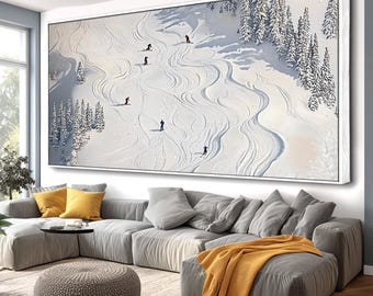 Original White Skiing Sports Art 3D Plaster Style Textured Wall Art Personalized Gift For Skiers Snowboards Painting Custom Skier Painting
