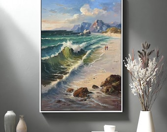 Textured Green Ocean Wave Painting: Large Coastal Sea View Art