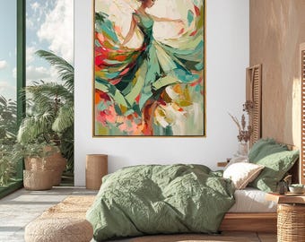 Large Abstract Woman Figure Oil Painting: Green Texture Canvas Art