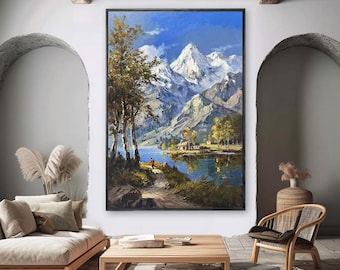 Snow-Capped Mountain Painting: Classical Landscape Art on Canvas
