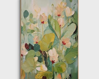 Abstract Flower Oil Painting on Canvas, Large Wall Art, Original Minimalist Green Floral Art  Boho Living Room