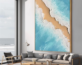 3D Textured Ocean Wave Painting: Dark Teal Gold Beach Canvas Art