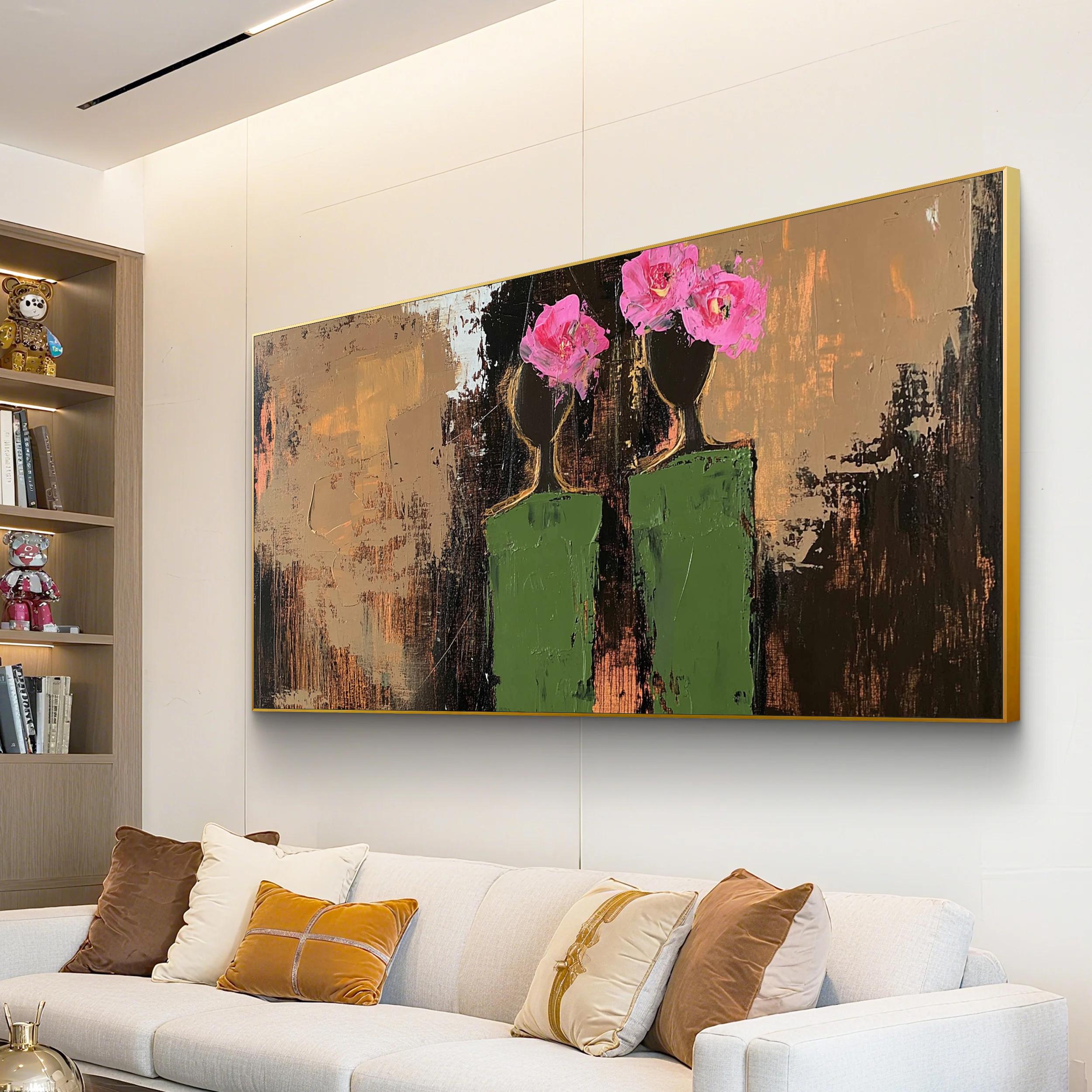 Lagre Abstract Woman Figure Oil Painting: Brown & Green Textured Canvas ...