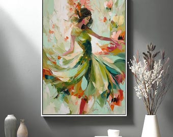 Abstract Woman Figure Oil Painting: Large Green Textured Canvas Art