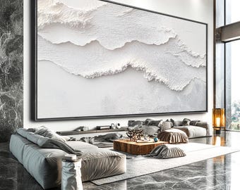 3D White Minimalist Beach Painting Textured Wall Art Ocean Wave Painting on Canvas Wabi-Sabi Wall Art Living Room Painting Fashion Decor