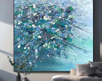 Green & White Abstract Oil Painting on Canvas: Elegant Living Room Wall Art