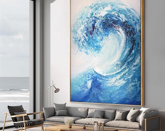 Textured 3D Blue Wave Oil Painting: Abstract Seascape Canvas Art