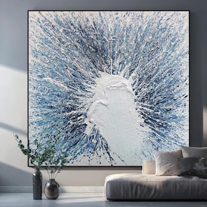 Grayish Blue Abstract Oil Painting: Large Minimalist Wall Art