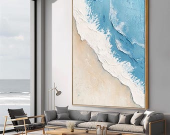3D Impasto Ocean Wave Painting: Abstract Blue Seascape Canvas Art