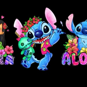 May include: A graphic featuring the character Stitch from Lilo & Stitch. The image includes Stitch with the words "OHANA" and "ALOHA" in colourful, patterned text, surrounded by tropical flowers, on a black background.