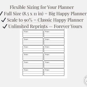 Puede incluir: Una p&aacute;gina de planificador blanca con texto negro y casillas para proyectos. El texto dice "Flexible Sizing for Your Planner", con detalles de tama&ntilde;o para Big Happy Planner y Classic Happy Planner. Tambi&eacute;n indica "Unlimited Reprints - Forever Yours."
