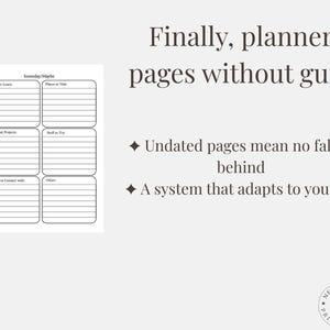 May include: A white planner page with sections for skills, places, projects, and more. Text reads "Finally, planner pages without guilt." Additional text states "Undated pages mean no falling behind" and "A system that adapts to your life."
