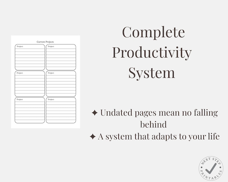 Puede incluir: Un sistema de productividad imprimible con el texto "Complete Productivity System". El dise&ntilde;o incluye un dise&ntilde;o de planificaci&oacute;n de proyectos con seis secciones para enumerar proyectos. El texto tambi&eacute;n incluye "Las p&aacute;ginas sin fecha significan no quedarse atr&aacute;s" y "Un sistema que se adapta a tu vida."