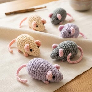 Könnte beinhalten: Sechs gehäkelte Spielzeugmäuse in Beige-, Grau- und Lavendeltönen, jeweils mit rosa Ohren und einem rosa Schwanz. Die Spielzeuge sind auf einer cremefarbenen Oberfläche angeordnet.