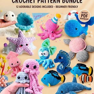 Könnte beinhalten: Eine Sammlung von bunten, gehäkelten Meereskreaturen, darunter ein Oktopus, ein Seestern und ein Wal. Das Bild enthält den Text "COMPLETE OCEAN FRIENDS & MORE CROCHET PATTERN BUNDLE" und "12 ADORABLE DESIGNS INCLUDED - BEGINNER FRIENDLY".