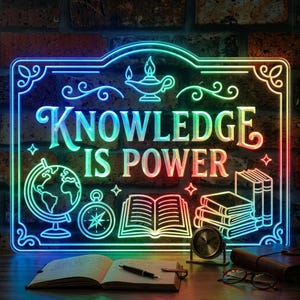 Puede incluir: Un letrero luminoso con las palabras "KNOWLEDGE IS POWER" en letras coloridas. El letrero presenta ilustraciones de un globo terráqueo, una brújula, libros y una lámpara. Un libro abierto, un bolígrafo, un reloj y gafas están frente al letrero.