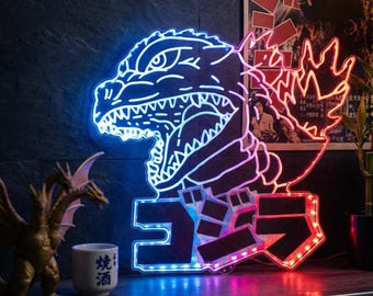 Letrero decorativo de pared LED del Rey de los Monstruos, decoración de cueva de hombre Kaiju para sala de juegos, luz nocturna multicolor