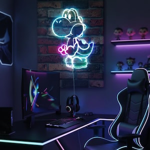 Super Mario Yoshi Dinosaur Neon LED Wall Decor Sign, Rainbow Multi Colors Night Light Atmosphere Sign, Christmas Gift