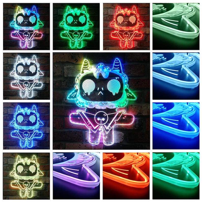 May include: A selection of vibrant LED neon lights shaped like a cartoon goat character. The lights display a range of colours, such as green, red, blue, and white. The character features a skull-like face and a geometric design.