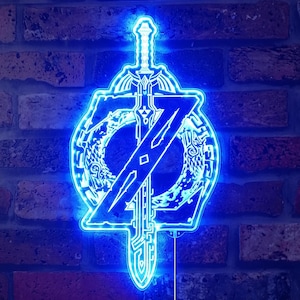 May include: A blue neon light fixture shaped like a sword and shield emblem, mounted on a brick wall. The design features intricate details and a glowing outline, creating a striking visual effect. The light is powered by a cord.