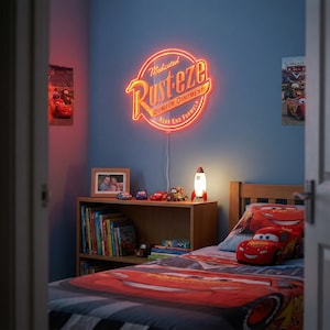 May include: A child's bedroom with a blue wall featuring a neon sign that says "Rust-eze Bumper Ointment". The room includes a bed with a Cars-themed comforter, a bookshelf, and a rocket-shaped lamp. Several toy cars are on the shelf.
