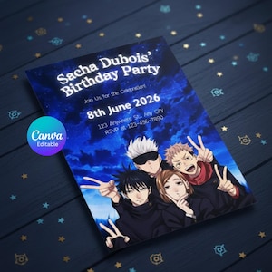 May include: A blue birthday party invitation for Sacha Dubois, with anime-style characters. The card displays the date, time, and RSVP details. The Canva Editable logo is present.