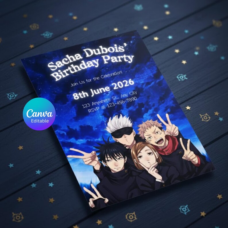 May include: A blue birthday party invitation for Sacha Dubois, with anime-style characters. The card displays the date, time, and RSVP details. The Canva Editable logo is present.