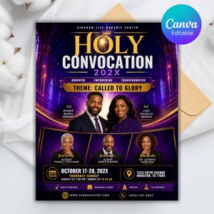 May include: A purple and gold event flyer for a Holy Convocation 202X at Kingdom Life Worship Center. It features portraits of five individuals, event dates of October 17-20, 202X, the theme Called to Glory, and location details for 1234 Faith Avenue, Houston, TX.