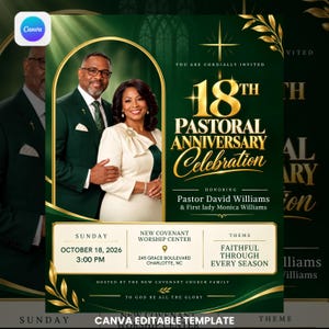 May include: A digital event flyer for an 18th pastoral anniversary celebration honoring Pastor David Williams and First Lady Monica Williams. The design features a dark green background with gold accents, text details, and a photo of the couple.