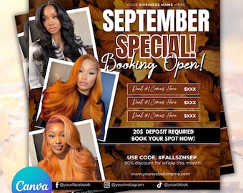 September Booking Flyer, Fall Season Booking Flyer, September Books Open, September Lash Nails Braids MUA Wig Autumn Flyer, Fall Szn Sale