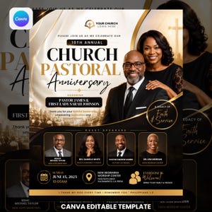 Può includere: Un modello di volantino digitale per il 10° anniversario pastorale annuale della chiesa in onore del pastore James e della First Lady Sarah Johnson. Il design presenta accenti dorati e neri, foto degli onorati e dei relatori, e testo.