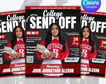 Editable College Send Off Evite, Farewell Party Invite, DIY Trunk Party Flyer, Green Magazine Cover, Goodbye Graduation Celebration