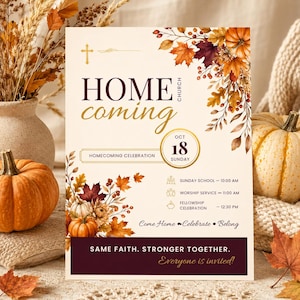 Puede incluir: Un folleto rectangular para un evento de iglesia con ilustraciones de hojas de otoño, calabazas y una cruz dorada. El texto incluye HOMECOMING, OCT 18 SUNDAY, detalles del horario y la frase SAME FAITH. STRONGER TOGETHER. Everyone is invited.