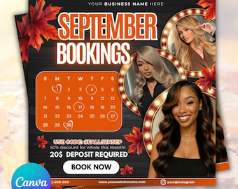 September Booking Flyer, September flyer, Fall Booking Flyer, September Books Open, Wig Install, Lash Nail Braids Flyer, Editable in Canva