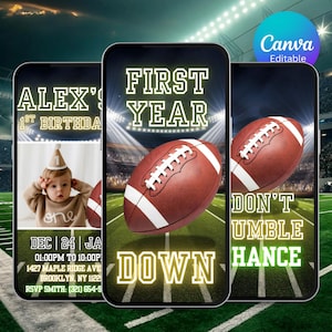 May include: Three smartphone screens displaying a football-themed birthday invitation. The design features a football, stadium background, and text that reads "ALEX'S 1ST BIRTHDAY" and "FIRST YEAR DOWN". A baby wearing a party hat is also featured.