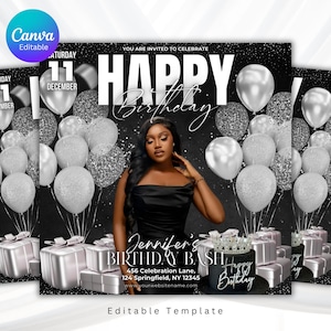 Könnte beinhalten: Eine schwarze und silberne Geburtstagseinladungsvorlage mit einer Frau in einem schwarzen Kleid, Luftballons und Geschenkboxen. Der Text lautet "Happy Birthday" und "Jennifer's Birthday Bash". Das Datum ist der 11. Dezember.