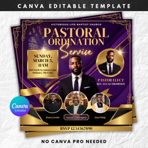 May include: A square flyer template for a Pastoral Ordination Service at Victorious Life Baptist Church. The design features deep purple and gold accents, text details for Sunday March 5 at 11AM, and photographs of four individuals in formal attire.