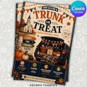 Può includere: Un volantino per un evento Trunk or Treat con l'illustrazione di una chiesa, un'auto con il bagagliaio aperto pieno di caramelle, zucche e una coperta a quadri. Il testo include Join Us For A Trunk Or Treat e i dettagli dell'evento.