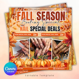 Könnte beinhalten: Herbstliches Werbeplakat für Nagelstudios mit dem Text "FALL SEASON Booking Special NAIL SPECIAL DEALS". Das Plakat zeigt Bilder von manikürten Nägeln, Kürbissen und Herbstblättern. Der Flyer enthält auch den Text "YOUR SPECIAL DEAL HERE 20 €".