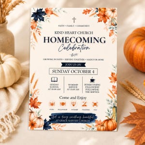 May include: A rectangular church homecoming celebration flyer with a cream background, decorated with watercolor autumn leaves and pumpkins. The text reads Kind Heart Church Homecoming Celebration, Sunday October 4, and details for Sunday school, worship, and fellowship.