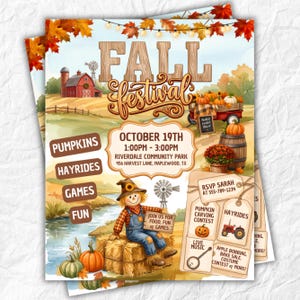 May include: A Fall Festival event flyer featuring a red barn, a scarecrow on a hay bale, pumpkins, and a wooden wagon. The text reads Fall Festival, October 19th, 1:00PM - 3:00PM, Riverdale Community Park, 456 Harvest Lane, Maplewood, TX, and RSVP Sarah.