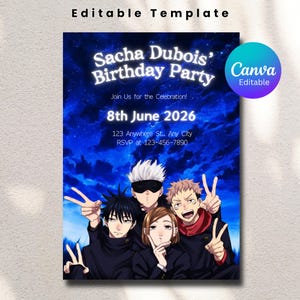 May include: A blue birthday party invitation featuring anime characters. The invitation includes the text "Sacha Dubois' Birthday Party" and the date "8th June 2026". The Canva logo is visible in the upper right corner.