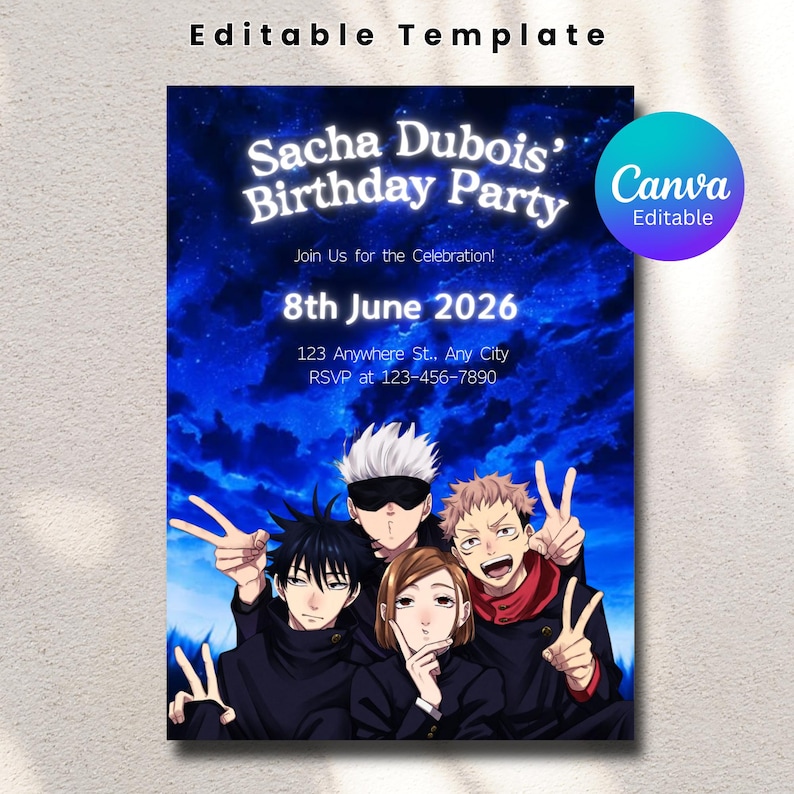 May include: A blue birthday party invitation with anime characters. The invitation includes the text "Sacha Dubois' Birthday Party" and the date "8th June 2026". The Canva logo is visible in the upper right corner.