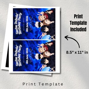 May include: Two printed sheets with a birthday party invitation design. The invitation features a blue background with anime-style character illustrations. Text includes "Sacha Dubois' Birthday Party" and event details. The paper size is 21.59 cm x 27.94 cm with "Print Template Included" text.