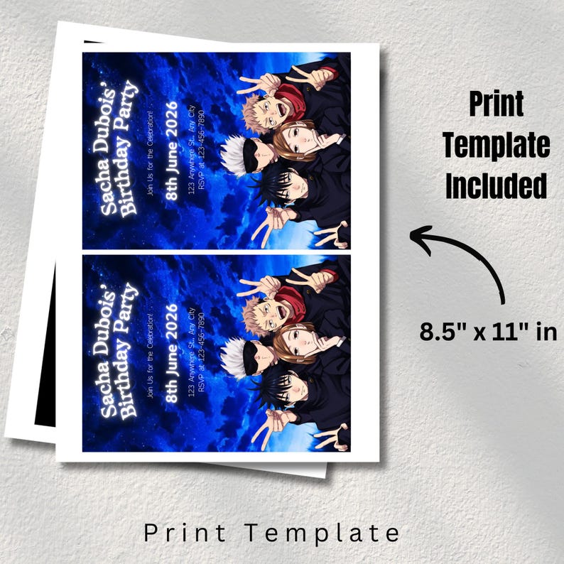 May include: Two printed sheets with a birthday party invitation design. The invitation features a blue background with anime-style character illustrations. Text includes "Sacha Dubois' Birthday Party" and event details. The paper size is 21.59 cm x 27.94 cm with "Print Template Included" text.